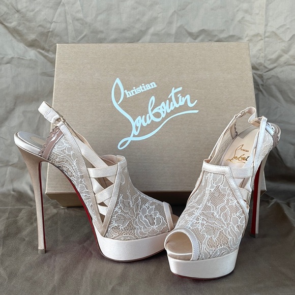 Christian Louboutin Shoes - Christian Louboutin Nude Lace/Crepe Satin Heels Platforms